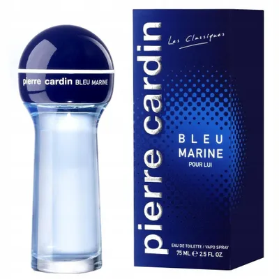 A bottle of Pierre Cardin Bleu Marine EDT spray and its packaging are displayed against a white background.