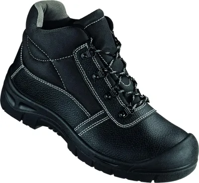 A black work boot is shown against a white background.