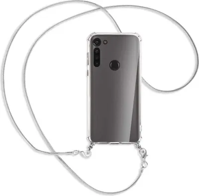 Produktbild von Handykette Backcover-Schutzhülle mit Band (Metall silberfarben) für Motorola Moto G8 Power - silberfarbene Kette Snake