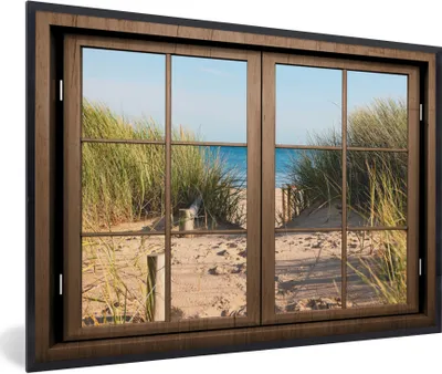 Produktbild von MuchoWow® Gerahmtes Poster Aussicht - Strand - Gras 90x60 cm - Poster mit Schwarzem Bilderrahmen Wandposter Rahmen Foto Bilder - Fotorahmen - Foto-Plakat