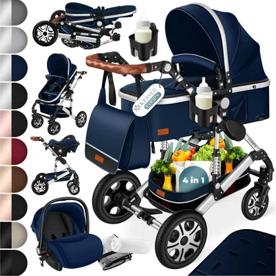 Produktbild von KESSER® Loops Kinderwagen 4 in 1 Kombikinderwagen Komplett-Set auch als Buggy für Kinder bis 4 Jahre inkl. Babywanne, Babyschale + Fußsack, Korb, Wickeltasche, Regen- & Insektenschutz & Flaschenhalter