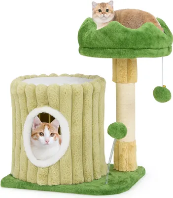 A cat tree with two levels and a hideaway, featuring plush green and yellow coverings and sisal scratching posts. Two cats are visible on the product.