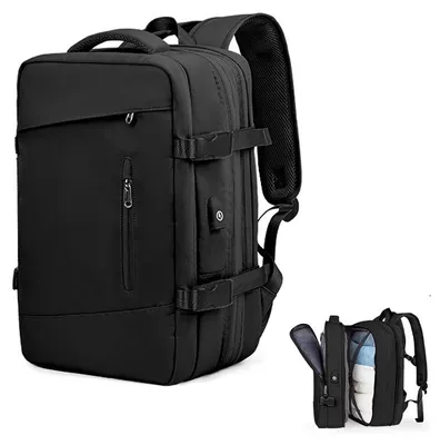 Productafbeelding van Grote rugzak, 36–55 liter, uitbreidbaar, waterafstotend, met schoenvak, laptopvak tot 16 inch, Oxford-materiaal, geschikt voor reizen en outdooractiviteiten, zwart