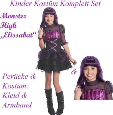 Produktbild von Monster High Elissabat  Kostüm & Perücke Kinder # Gr. L /  140-146 (8-10 J.)