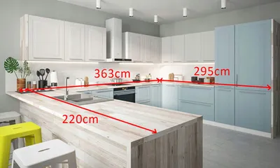 Immagine prodotto di Mobile da cucina 220x363x295cm bianco / bianco puro - laccato opaco blu pastello Mobile da cucina a U moderno