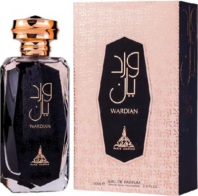A perfume bottle and its box are displayed against a white background.