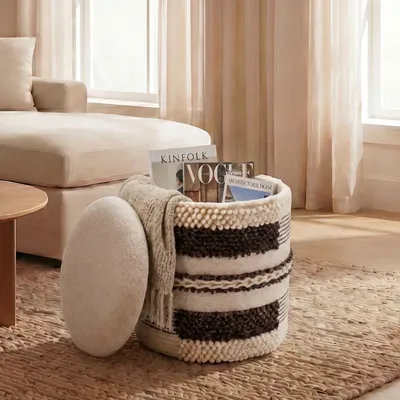 Produktbild von FineBuy Sitzhocker mit Stauraum aus Wolle 40cm Beige Stoff Rund Boho Stoffhocker mit abnehmbarem Deckel Polsterhocker Schminktisch Hocker Handmade