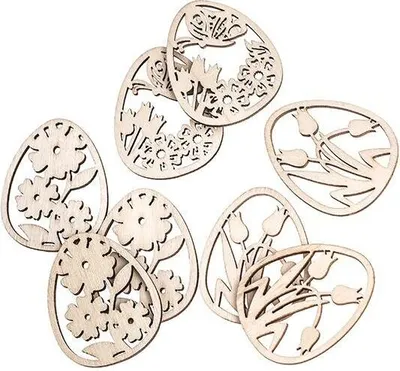 Imagen del producto de Huevos de madera decorados, con diseño calado, de 5 cm de diámetro, paquete de 9 unidades, surtido de diseños