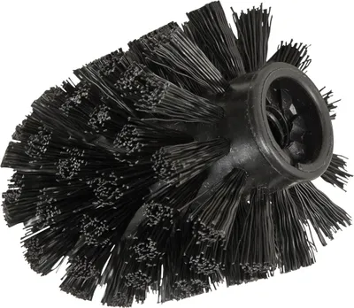 A close-up studio shot of a black toilet brush head.