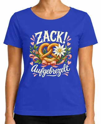 Produktbild von Zack! Aufgebrezelt Wiesn Trachtenshirt Lederhose Wasen Damen T-Shirt, Blau, S