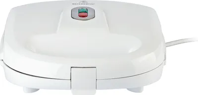 A white waffle maker is shown from a front-facing, slightly elevated angle against a white background.
