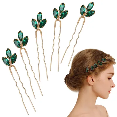 Immagine prodotto di Set di 5 fermagli per capelli vintage, color verde, con strass, ideali per matrimoni e feste