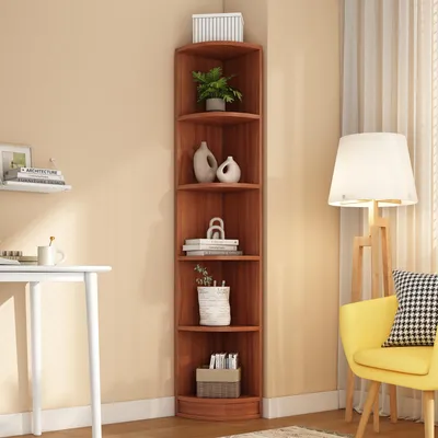 Immagine prodotto di Okwish, scaffale a 5 ripiani, scaffale a colonna con ampio spazio di stoccaggio, design semplice, libreria salvaspazio, noce