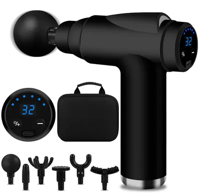 Imagen del producto de Masajeador muscular portátil, con 32 niveles de intensidad ajustables, 6 cabezales de masaje, 3500 revoluciones por minuto, ideal para la relajación muscular
