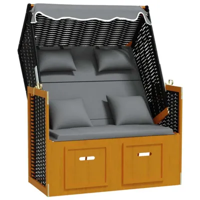 Image de Fauteuil-cabine de plage avec coussins Poly Rattan Bois massif Noir Anthracite