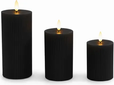 Zdjęcie produktu dla Świeczki LED Relaxdays, zestaw 3 sztuk, 3 rozmiary, migoczący płomień, prawdziwy wosk, z rowkami, świeczki elektryczne bez płomienia, czarne