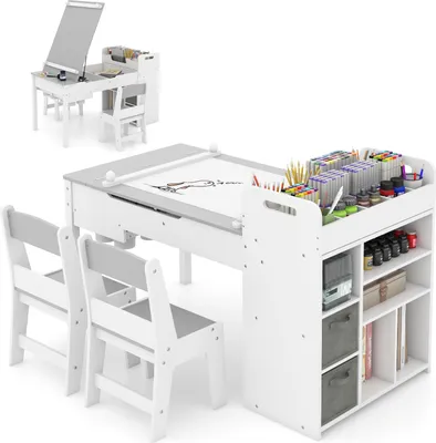 Produktbild von GOPLUS 3 in 1 Kindertisch Set mit Stauraum, Kindermöbelset mit Staffelei, Papierrollenhalter, Tischbeine aus Kiefernholz