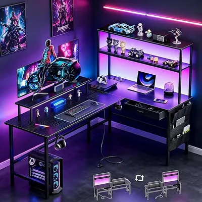 Productafbeelding van Gaming bureau, hoekbureau 150 x 100 cm met 3 stopcontacten en 2 USB-poorten, omkeerbaar gaming bureau in L-vorm met LED-verlichting, computerbureau met lades en monitorstandaard, geschikt voor gaming, thuiswerken, zwart