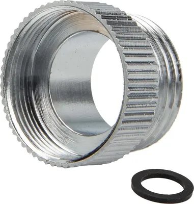 A close-up studio shot of a metal adapter and a rubber washer on a white background.