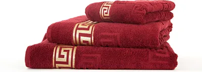 Produktbild von 3tlg. Luxus Medusa Saunatuch Badetuch Handtuch Set - Bordeaux - Frottee - Goldene Bordüre
