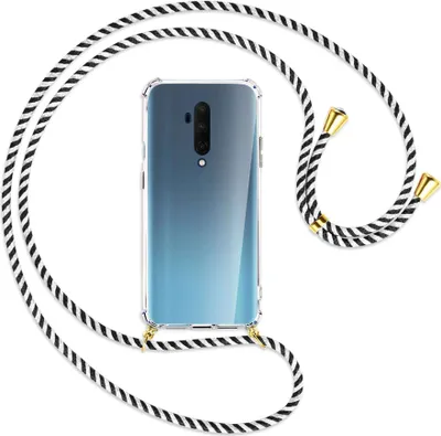 Produktbild von Handykette Backcover-Schutzhülle mit Band (Metall goldfarben) für OnePlus 7T Pro - schwarz/weiß gestreift