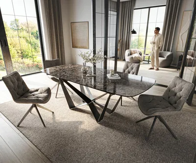 Produktbild von DELIFE Esstisch Edge Boot 180-220x100 cm Keramik Emperador Extra Lucidato Dunkelbraun Spider Flachstahl Edelstahl Graphit ausziehbar