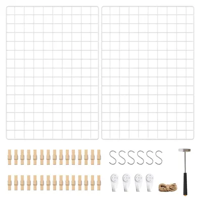 Produktbild von SONGMICS Fotowand aus Drahtgitter, 2er Set, Wanddekor, multifunktionale Gitterwand, Wandgitter, DIY, mit S-Haken, Klammern und Hanfschnur, weiß LPP02W