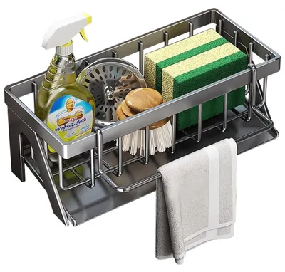 Produktbild von Spülbecken-Organizer, Spülbecken-Organizer aus Edelstahl, Spülbecken mit Schwammhalter, automatischem Abfluss, Küchenaufbewahrung, mit Handtuchhalter und Spülbürstenhalter, für Küchen und Badezimmer