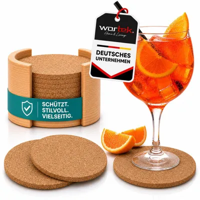 Produktbild von wortek Kork Untersetzer - Holzhalterung I Korkdeckel - Getränke, Tassen, Bar & Tisch, 10er Set I 10cm I Rund I Tischset