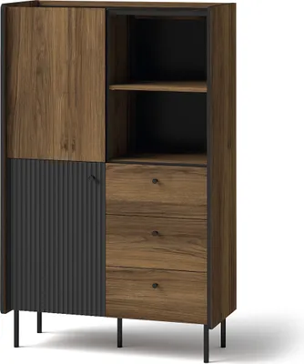Produktbild von BETTSO Kommode Highboard geriffelte mit Schubladen PRESTIGO 140 x 88 cm Schwarz + Nussbaum