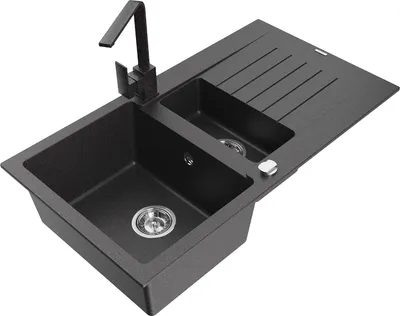 Produktbild von Mexen Matias 1,5-Becken-Granitspüle mit Abtropffläche und Mischbatterie Rita, Schwarz gesprenkelt - 6502-76-670300-76