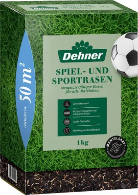 Produktbild von Dehner Saatgut Spielrasen / Sportrasen, hochwertige Rasensamen für strapazierfähigen / dichten Rasen, schnell keimend / pflegeleicht, ideal für Familiengärten & Spielflächen, 1 kg für ca. 50 m²