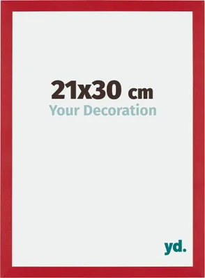 A product image of a red picture frame with text indicating its size and purpose.