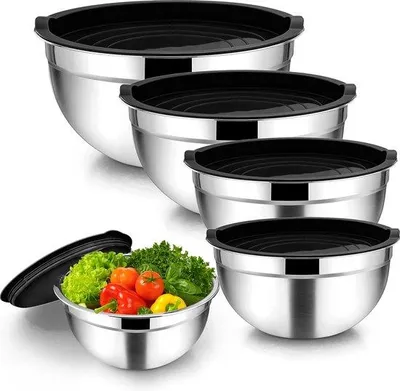 Image de Saladier noir en acier inoxydable avec couvercle, empilable, 45 L