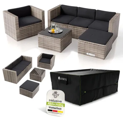 Produktbild von Juskys Polyrattan Lounge Punta Cana L grau-meliert inkl. Abdeckung – Gartenlounge für 4-5 Personen – Sitzgruppe mit Sessel, Sofa, Tisch & Hocker - Sitzbezüge Grau