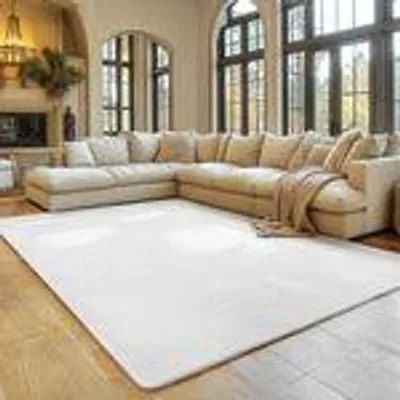 A large sectional sofa and a white rug in a well-lit living room with large windows.