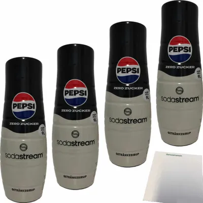 Produktbild von SodaStream Pepsi Getränke-Sirup zero Zucker 4er Pack (4x0,44l Flasche) + usy Block