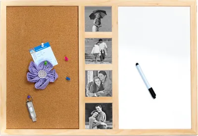A multi-functional memo board with a corkboard section, a photo frame section for four pictures, and a whiteboard section with a marker.