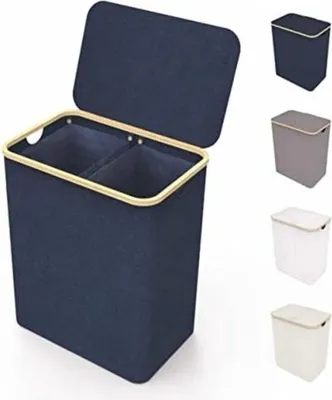 Produktbild von Wäschekorb mit 2 Fächern und Deckel – Wäschekorb mit Deckel – Wäschetrenner – XXL-Wäschesack – 150 l – 57 x 37 x 71 cm – Blau