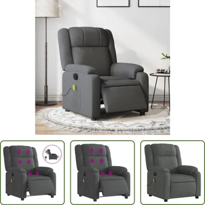 A dark gray fabric massage recliner chair is shown in a room setting with a floor lamp and a small side table.