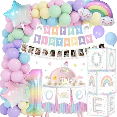 Immagine prodotto di Omgoods - Set di decorazioni per il primo compleanno, con palloncini pastello e festone per la torta