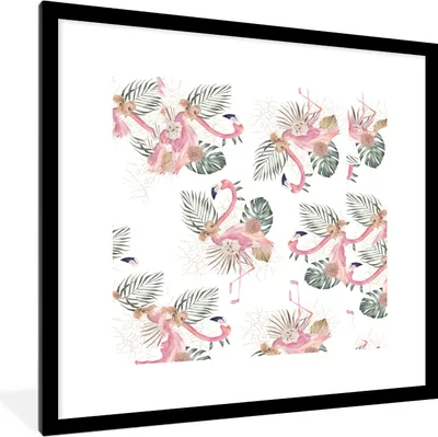 Produktbild von MuchoWow® MuchoWow® Gerahmtes Poster Flamingo - Blumen - Blätter - Muster 40x40 cm - Poster mit zchwarzem Bilderrahmen - Poster - Plakat im Rahmen