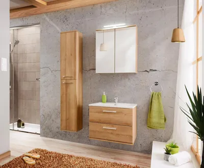 Produktbild von Design Badezimmer Möbel Bad 3 tlg. Set Garnitur Schrank Waschbecken Beleuchtung