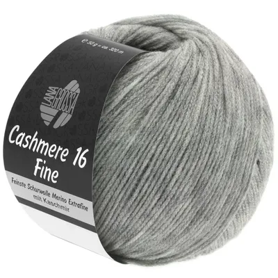 A ball of grey yarn with a label wrapped around it.