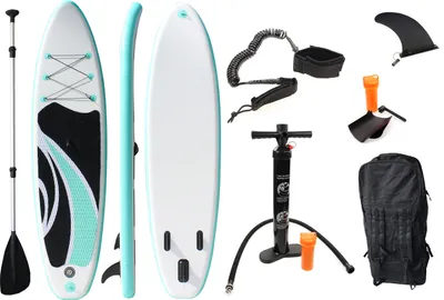Produktbild von Stand Up Paddling Paddle Board Set, SUP aufblasbar, belastbar bis 135kg, 320*80*15cm inkl. Paddel, Handpumpe, Rucksack, Sicherungsschlaufe, Reparaturset