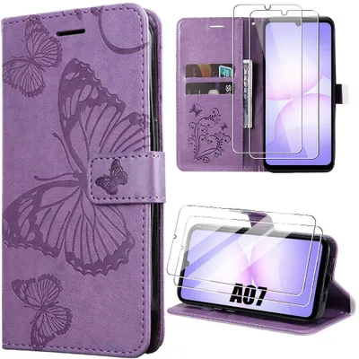 Image de Coque + 2 Verres Trempés pour Samsung Galaxy A07, Protection Cuir Synthétique Antichoc Violet Motif Papillon