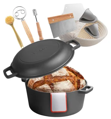 Zdjęcie produktu dla VEVOR Dutch Oven wykonany z żeliwa, garnek 2 w 1 z pokrywką do smażenia, solidne naczynie o pojemności 4,73 l z koszem garowniczym i akcesoriami do pieczenia chleba, kompatybilny z piecem chlebowym 260 ℃ garnek do chleba