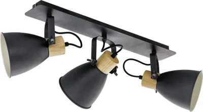 A black three-light ceiling spotlight with wooden accents, shown against a white background.