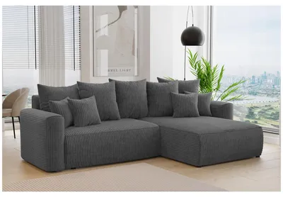 Produktbild von MEBLINI Schlafcouch mit Bettkasten - 260x160x78cm - Grau Cordstoff - BALI - Kleines Ecksofa mit Schlaffunktion - Sofa mit Relaxfunktion und Kissen - Kleine Couch L-Form - Eckcouch