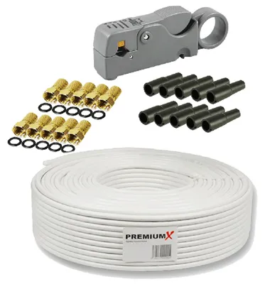 Produktbild von PremiumX 50m BASIC Koaxialkabel 135dB SAT Abisolierer 10x F-Stecker Tülle